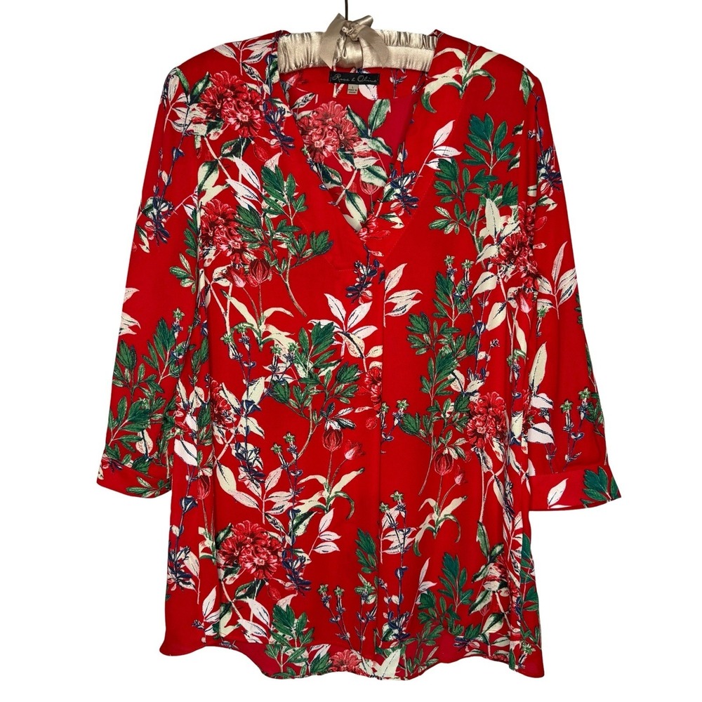 Rose & Olive Red Large Floral V-Neck Peasant Blouse Top 3/4 Sleeve Flowy Relaxed